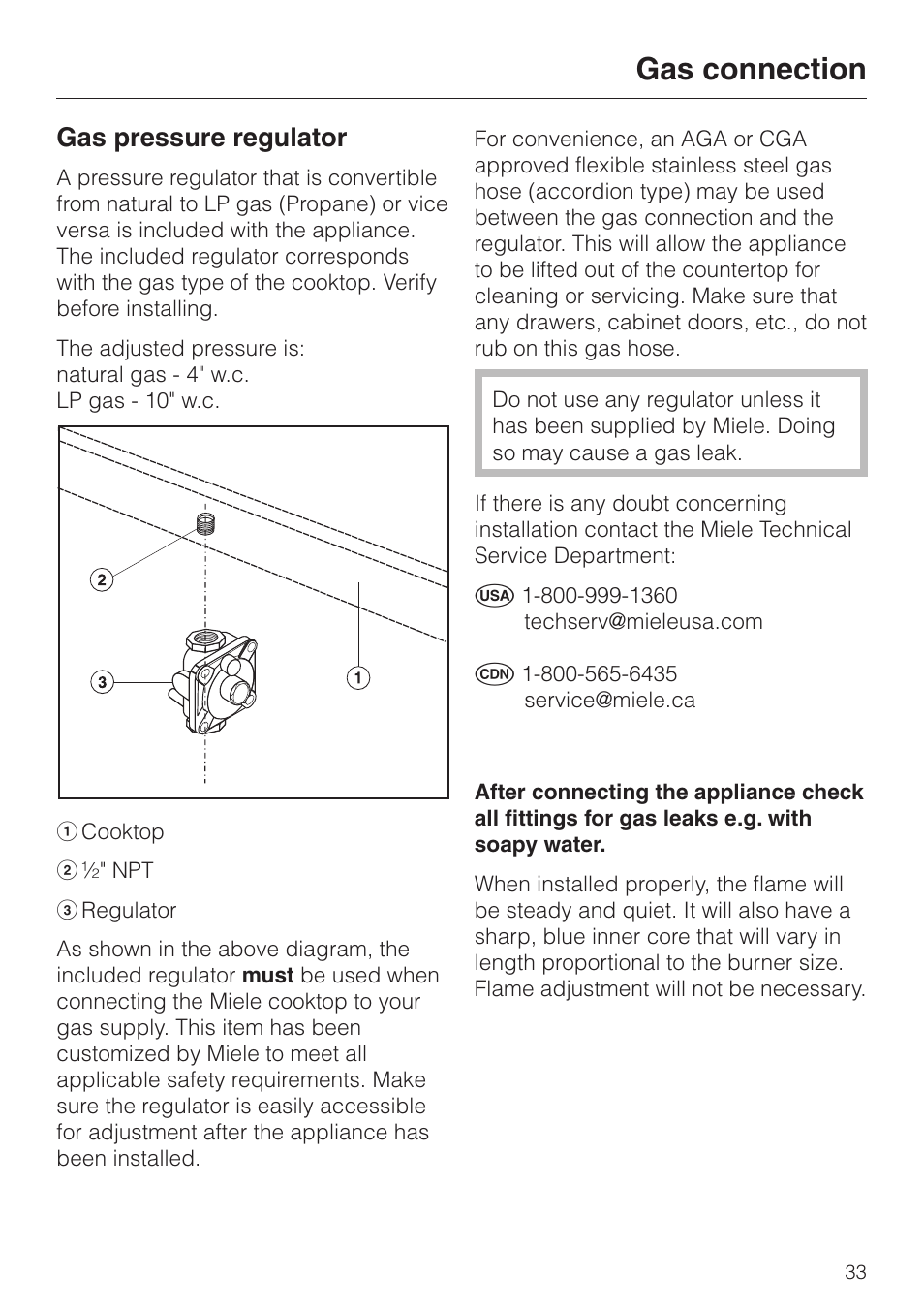 Gas pressure regulator 33, Gas connection, Gas pressure regulator | Miele KM 3485 User Manual | Page 33 / 40