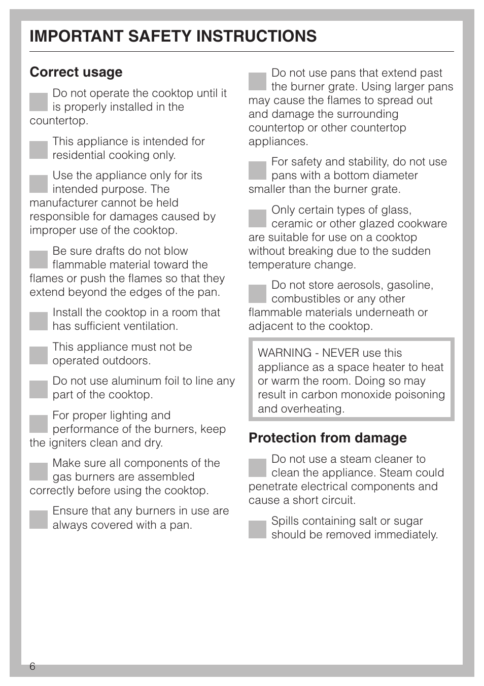 Important safety instructions, Correct usage, Protection from damage | Miele KM 3485 User Manual | Page 6 / 40