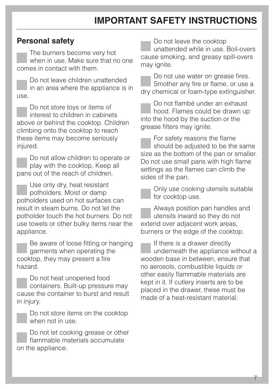 Important safety instructions, Personal safety | Miele KM 3485 User Manual | Page 7 / 40