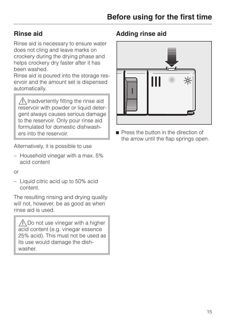 Rinse aid 15, Adding rinse aid 15, Rinse aid adding rinse aid | Before using for the first time | Miele dishwashers User Manual | Page 15 / 64