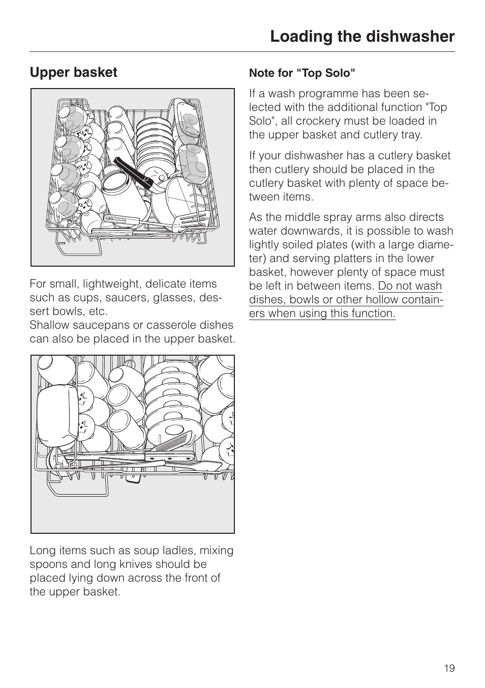 Upper basket 19, Upper basket, Loading the dishwasher | Miele dishwashers User Manual | Page 19 / 64