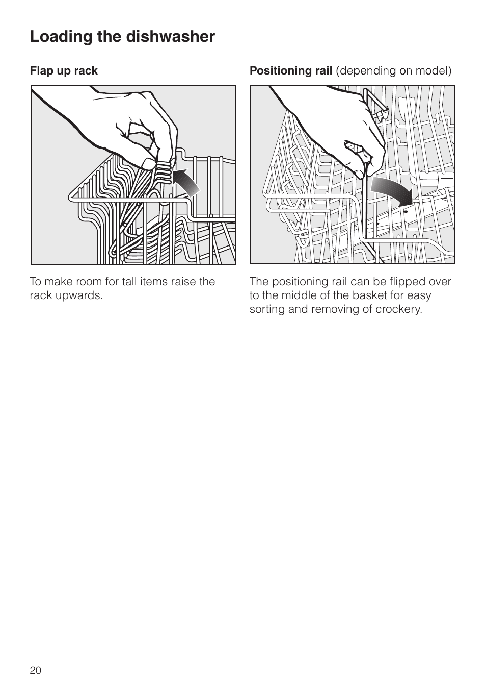 Flap up rack 20, Positioning rail 20, Flap up rack positioning rail | Loading the dishwasher | Miele dishwashers User Manual | Page 20 / 64