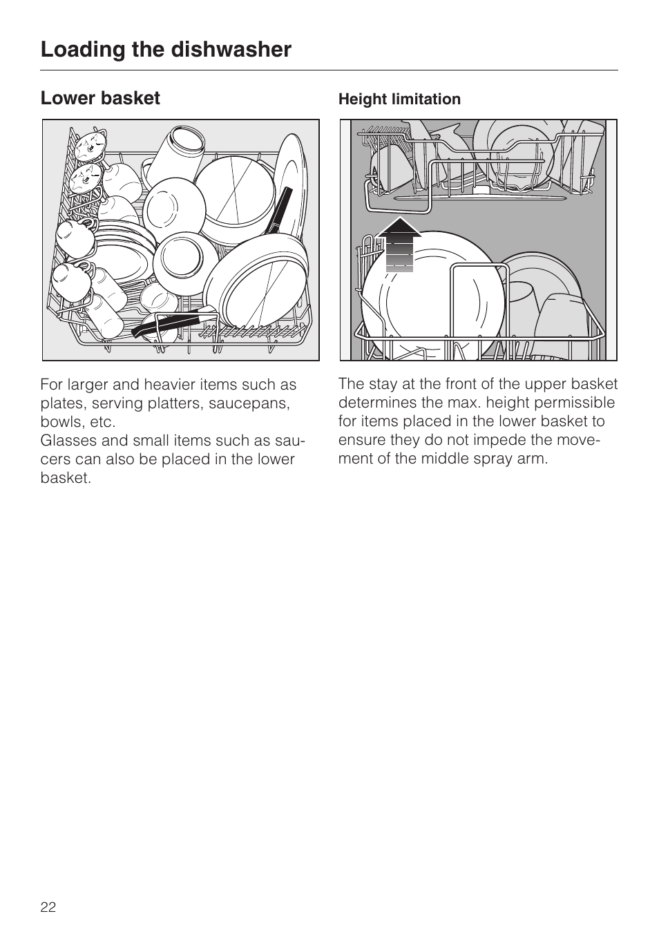 Lower basket 22, Lower basket, Loading the dishwasher | Miele dishwashers User Manual | Page 22 / 64