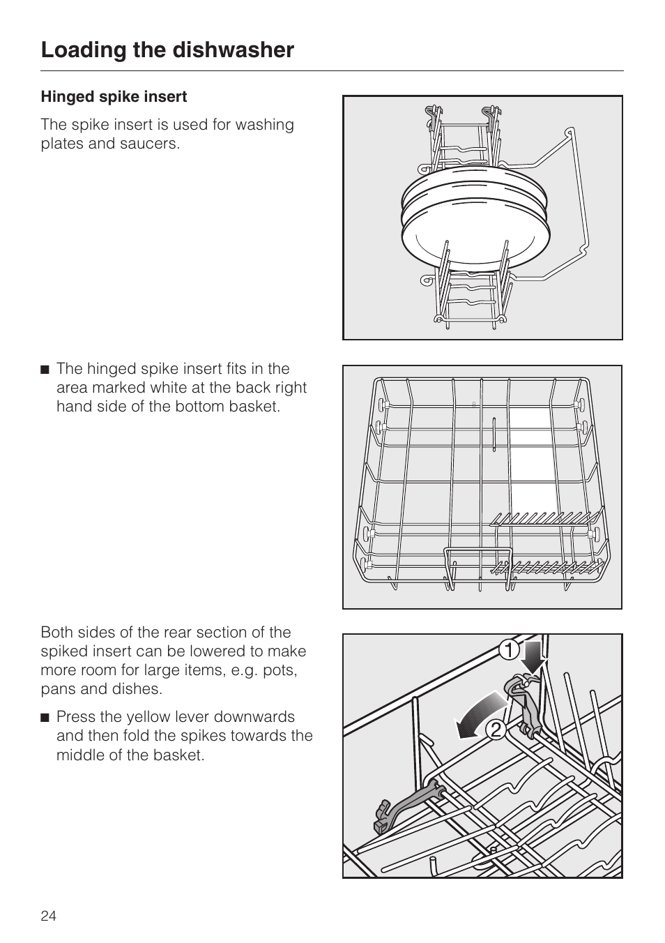 Hinged spike insert 24, Hinged spike insert, Loading the dishwasher | Miele dishwashers User Manual | Page 24 / 64