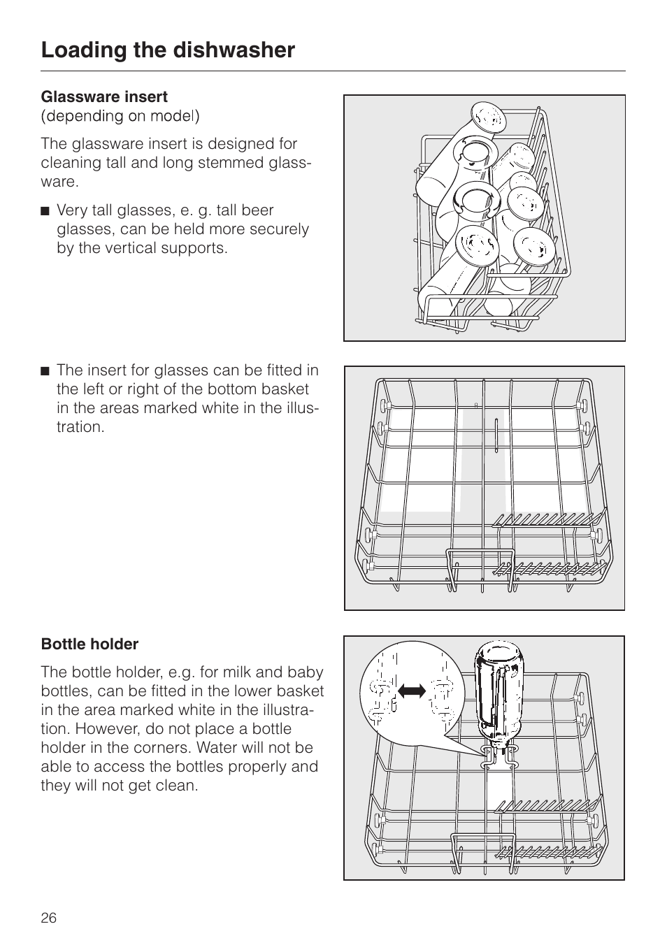 Glassware insert 26, Bottle holder 26, Glassware insert bottle holder | Loading the dishwasher | Miele dishwashers User Manual | Page 26 / 64