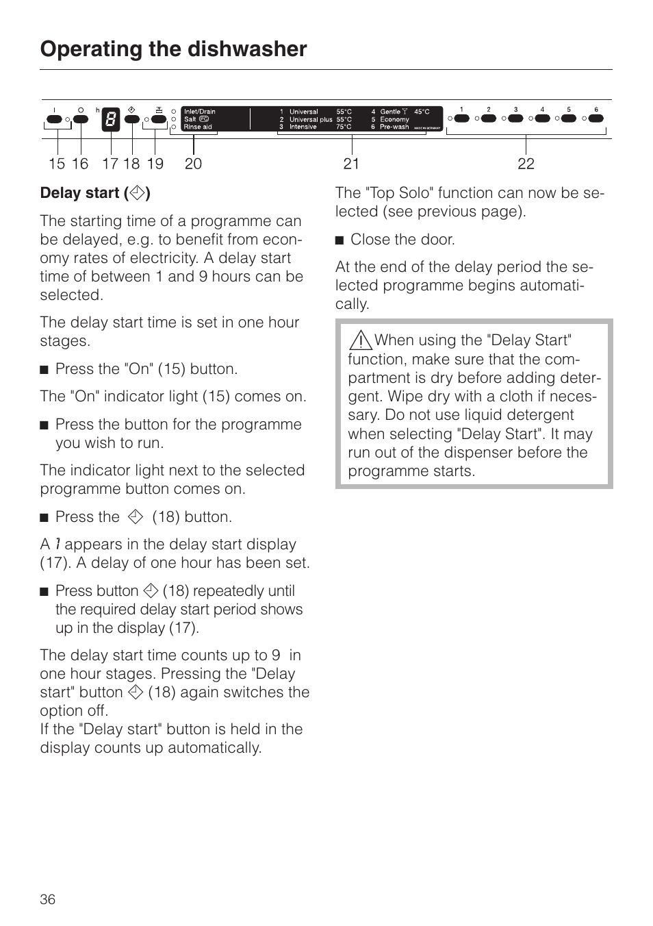 Delay start ( d ) 36, Delay start, Operating the dishwasher | Miele dishwashers User Manual | Page 36 / 64