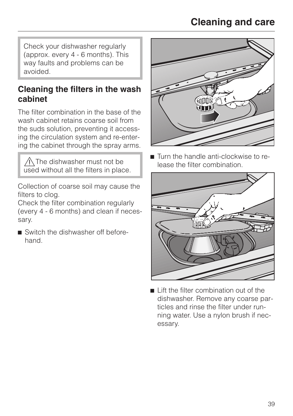 Cleaning and care 39, Cleaning the filters in the wash cabinet 39, Cleaning and care | Cleaning the filters in the wash cabinet | Miele dishwashers User Manual | Page 39 / 64
