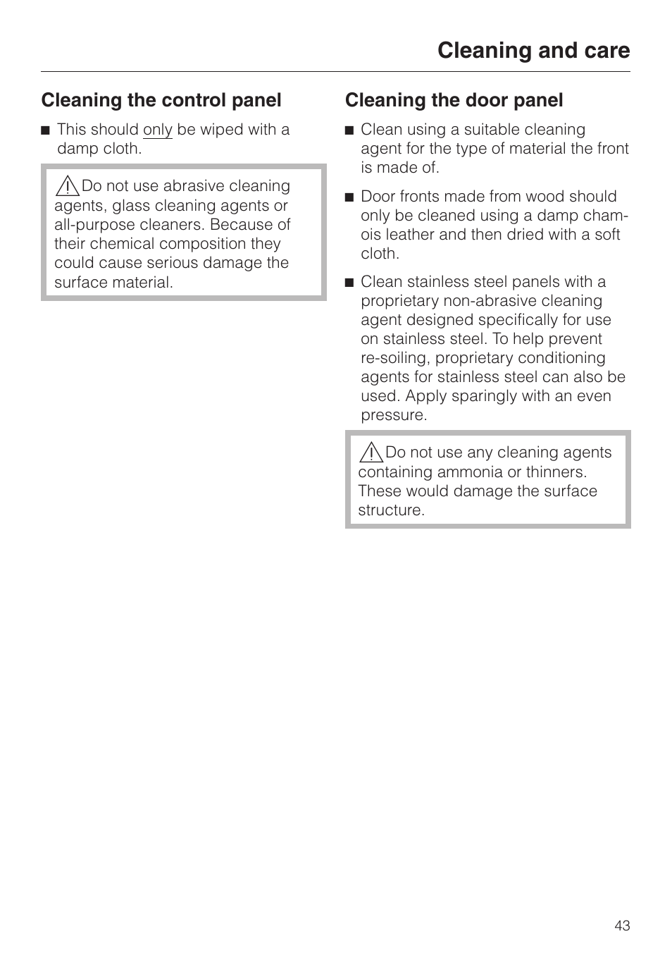 Cleaning the control panel 43, Cleaning the door panel 43, Cleaning the control panel cleaning the door panel | Cleaning and care | Miele dishwashers User Manual | Page 43 / 64