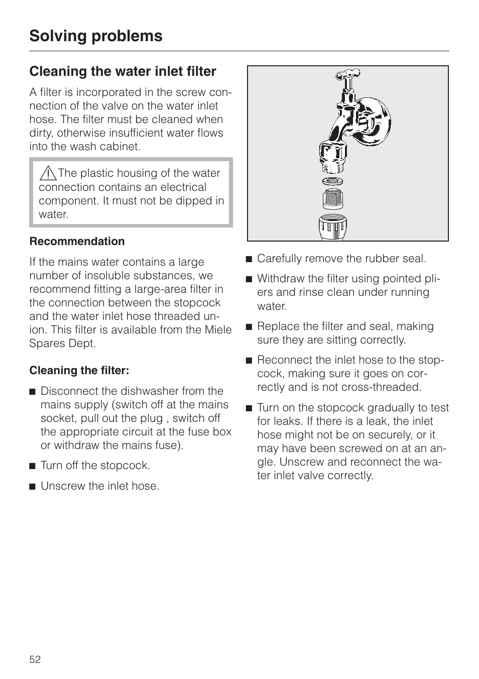 Solving problems 52, Cleaning the wa ter inlet filter 52, Solving problems | Cleaning the water inlet filter | Miele dishwashers User Manual | Page 52 / 64