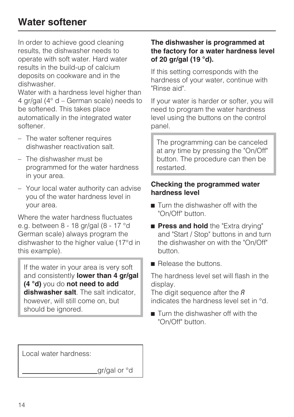 Water softener 14, Water softener | Miele PROFESSIONAL PG 8050I User Manual | Page 14 / 76
