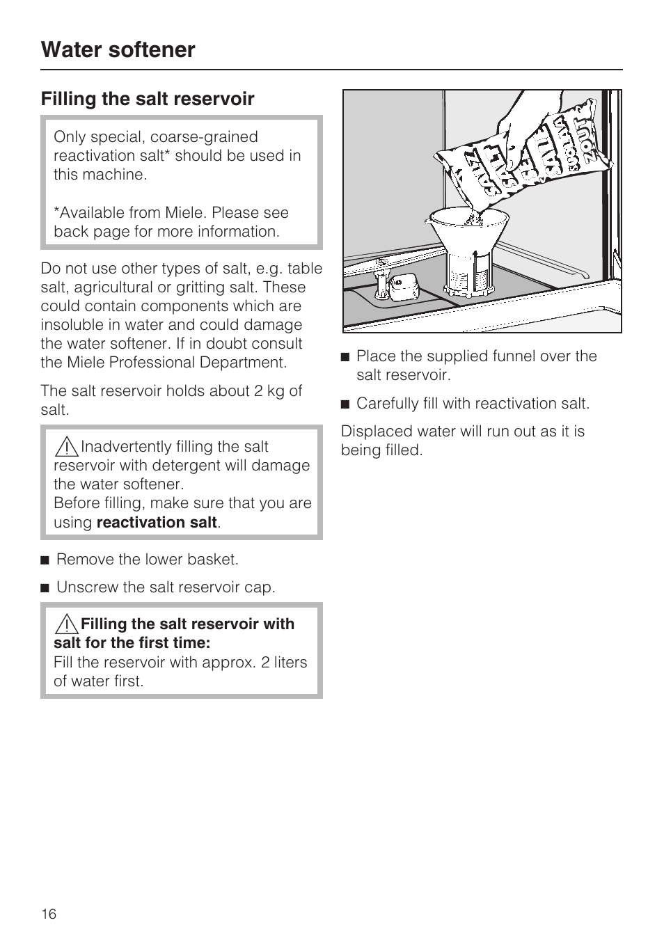 Filling the salt reservoir 16, Water softener | Miele PROFESSIONAL PG 8050I User Manual | Page 16 / 76