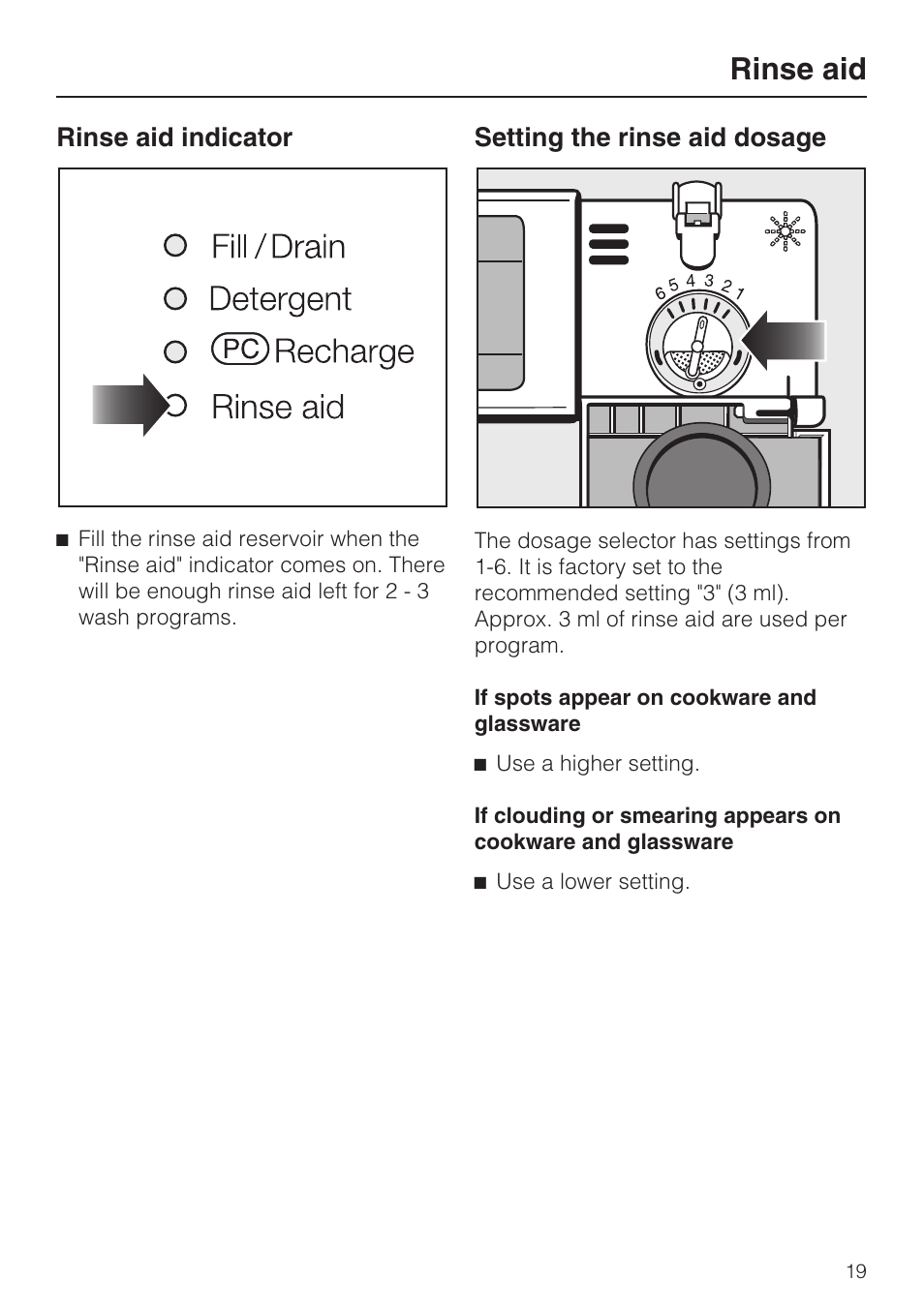 Rinse aid indicator 19, Setting the rinse aid dosage 19, Rinse aid | Rinse aid indicator, Setting the rinse aid dosage | Miele PROFESSIONAL PG 8050I User Manual | Page 19 / 76