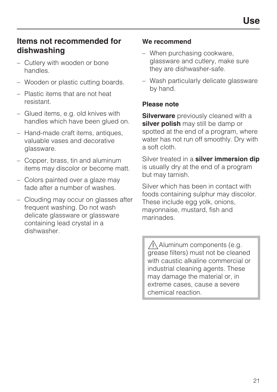 Items not recommended for dishwashing 21, Items not recommended for dishwashing | Miele PROFESSIONAL PG 8050I User Manual | Page 21 / 76