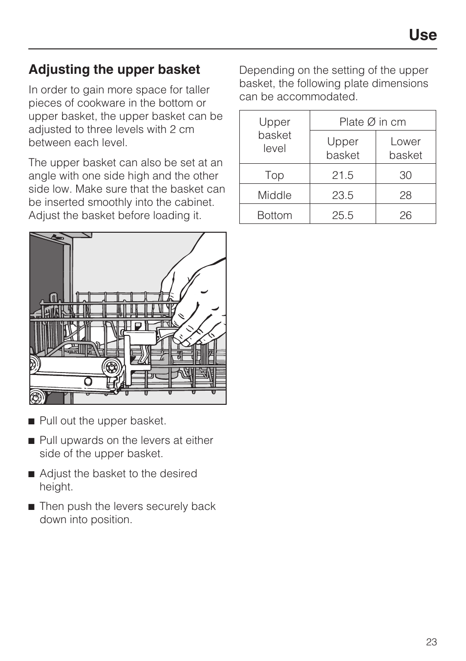 Adjusting the upper basket 23, Adjusting the upper basket | Miele PROFESSIONAL PG 8050I User Manual | Page 23 / 76