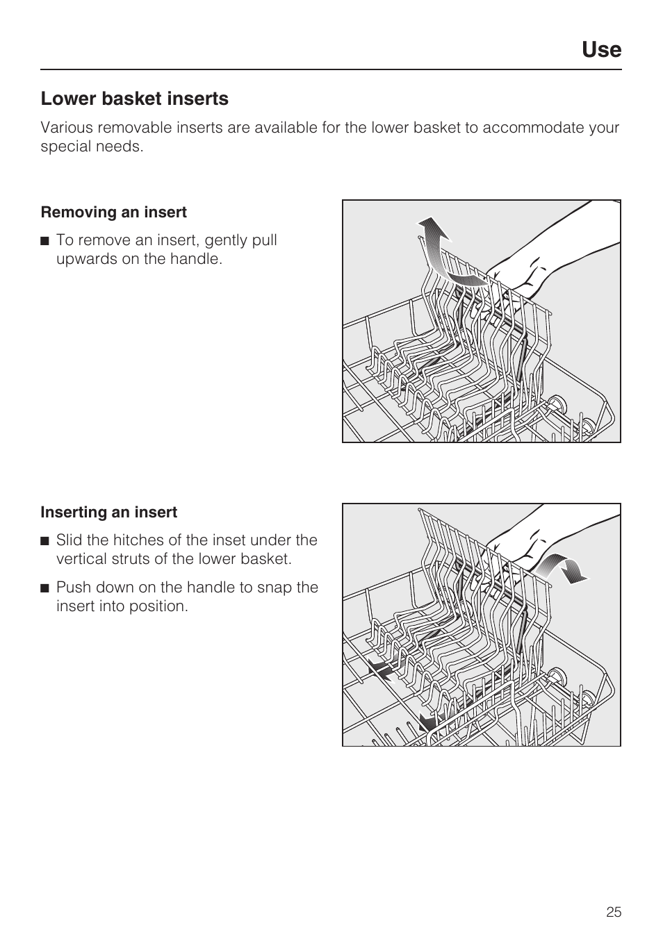Lower basket inserts 25, Removing an insert 25, Inserting an insert 25 | Lower basket inserts | Miele PROFESSIONAL PG 8050I User Manual | Page 25 / 76