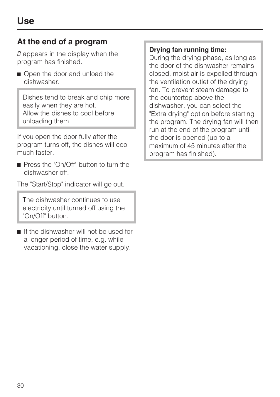 At the end of a program 30, At the end of a program | Miele PROFESSIONAL PG 8050I User Manual | Page 30 / 76