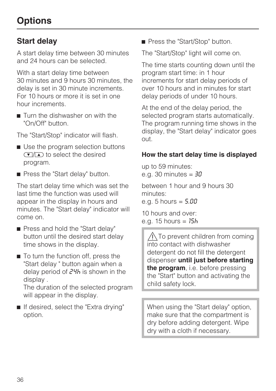 Options 36, Start delay 36, Options | Start delay | Miele PROFESSIONAL PG 8050I User Manual | Page 36 / 76