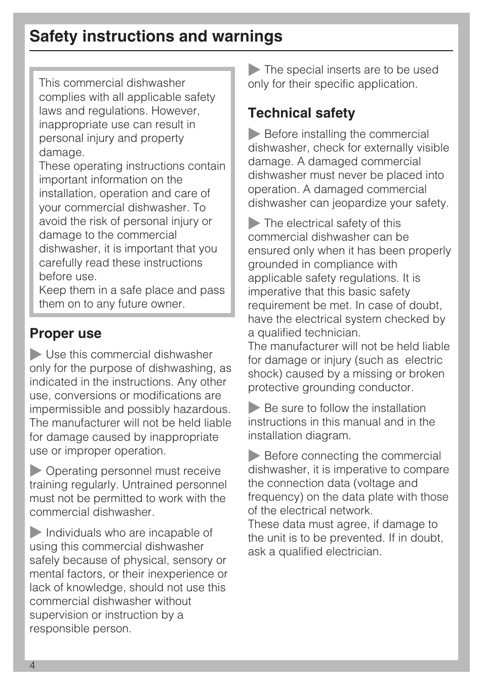 Safety instructions and warnings 4, Safety instructions and warnings | Miele PROFESSIONAL PG 8050I User Manual | Page 4 / 76