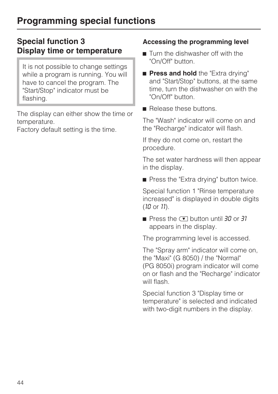 Special function 3 display time or temperature 44, Programming special functions, Special function 3 display time or temperature | Miele PROFESSIONAL PG 8050I User Manual | Page 44 / 76