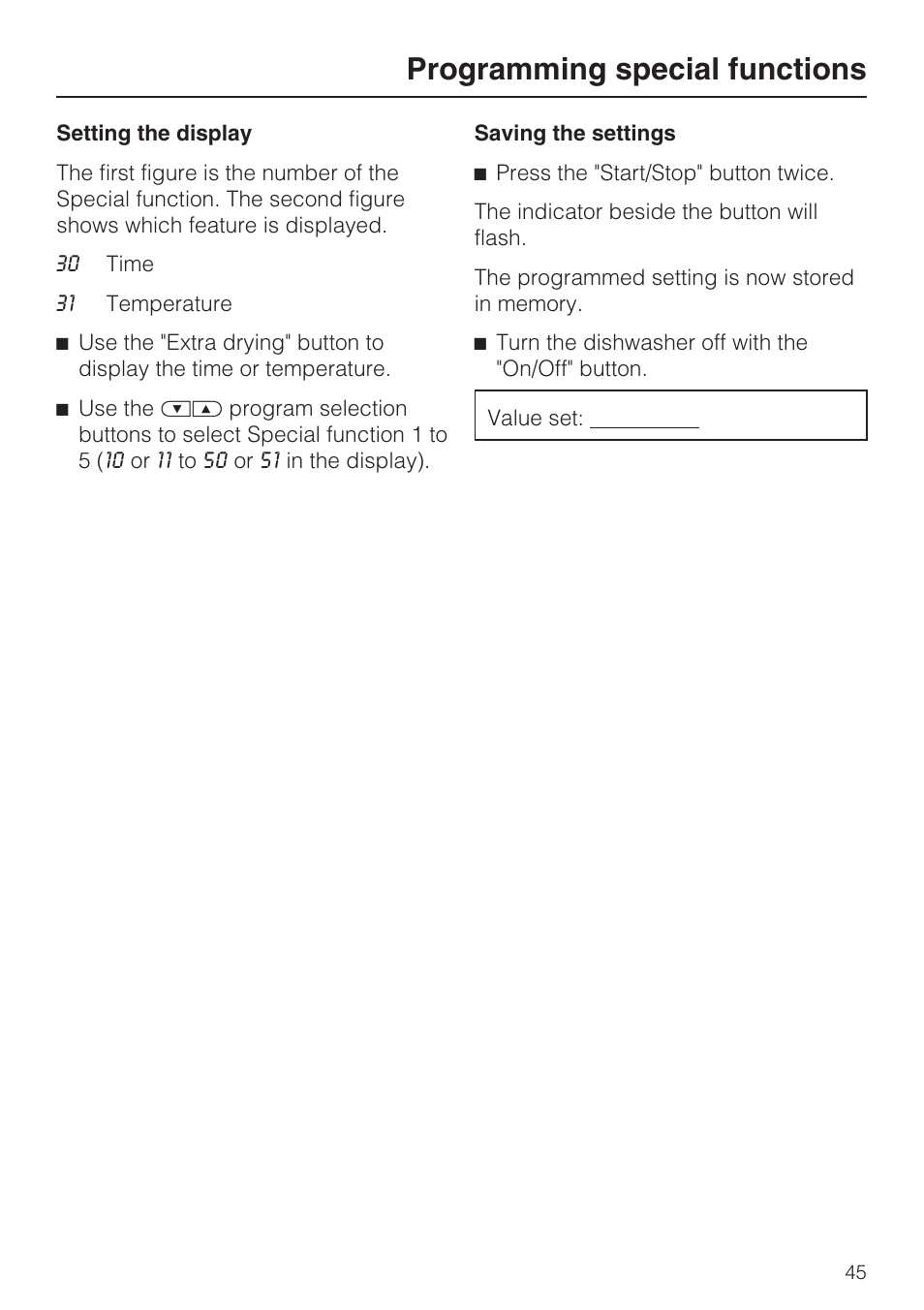 Programming special functions | Miele PROFESSIONAL PG 8050I User Manual | Page 45 / 76