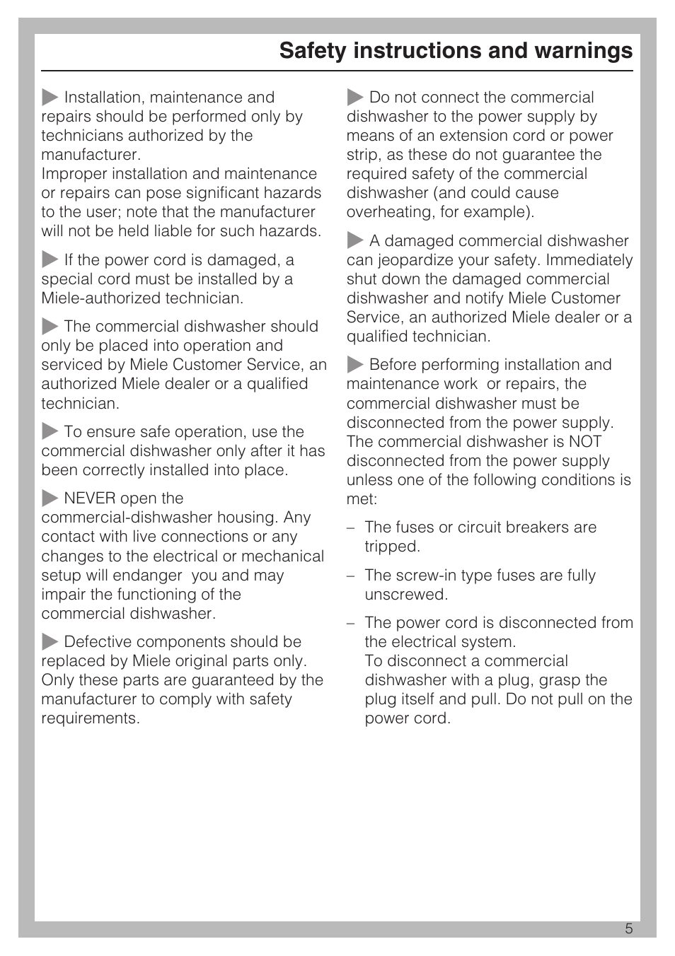 Safety instructions and warnings | Miele PROFESSIONAL PG 8050I User Manual | Page 5 / 76