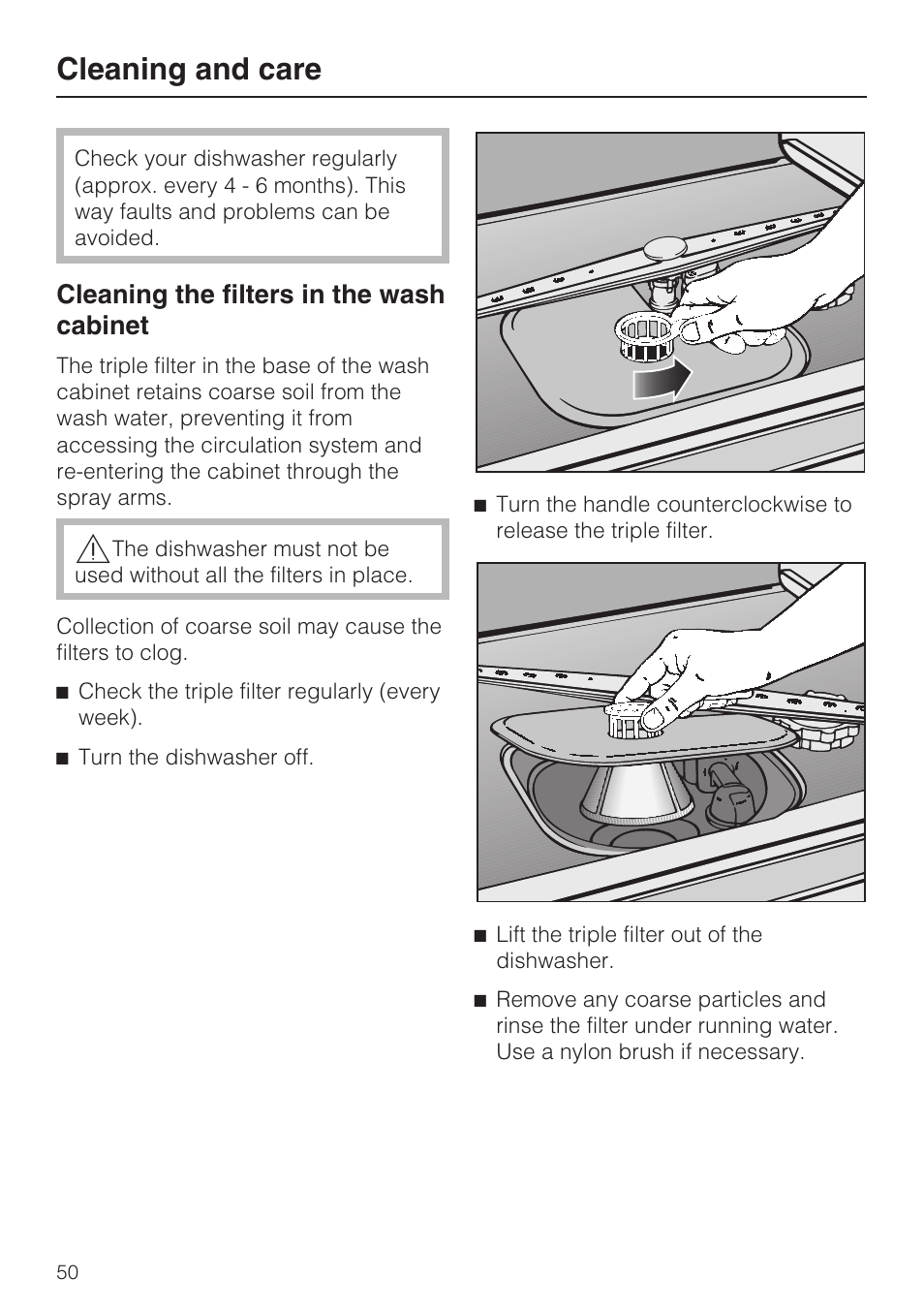 Cleaning and care 50, Cleaning and care, Cleaning the filters in the wash cabinet | Miele PROFESSIONAL PG 8050I User Manual | Page 50 / 76