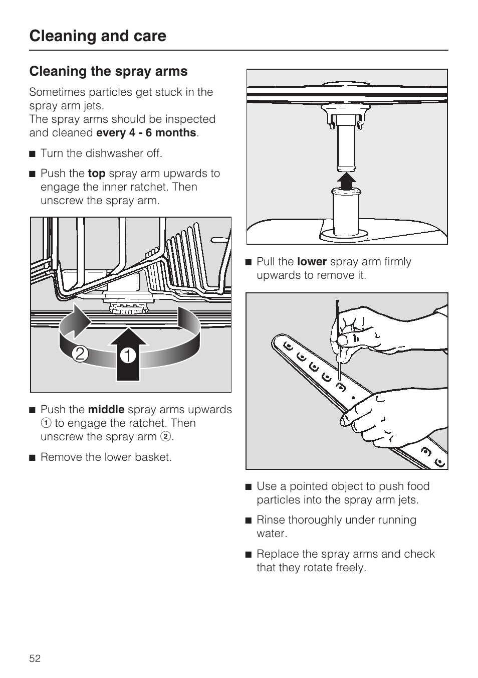 Cleaning and care, Cleaning the spray arms | Miele PROFESSIONAL PG 8050I User Manual | Page 52 / 76