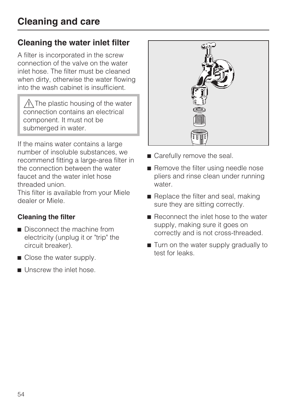 Cleaning the water inlet filter 54, Cleaning and care, Cleaning the water inlet filter | Miele PROFESSIONAL PG 8050I User Manual | Page 54 / 76