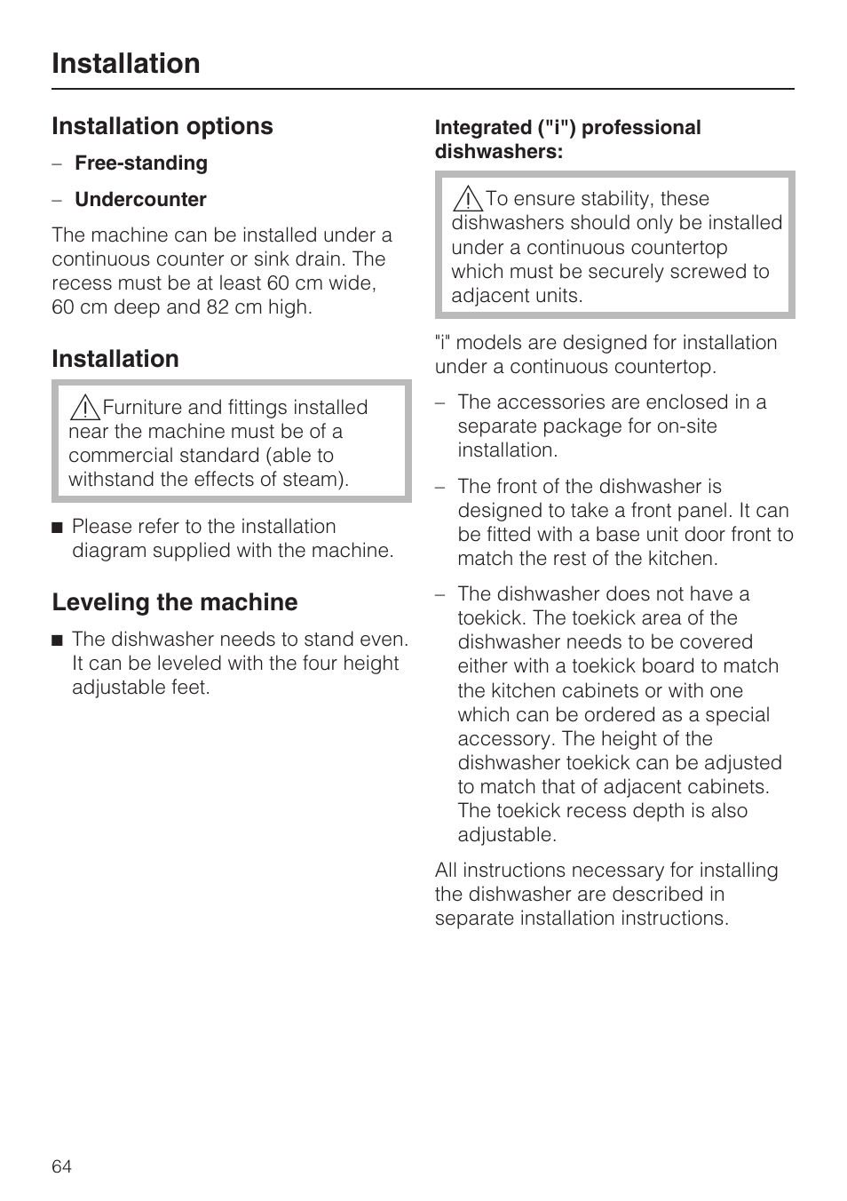 Installation 64, Installation options, Installation | Leveling the machine | Miele PROFESSIONAL PG 8050I User Manual | Page 64 / 76
