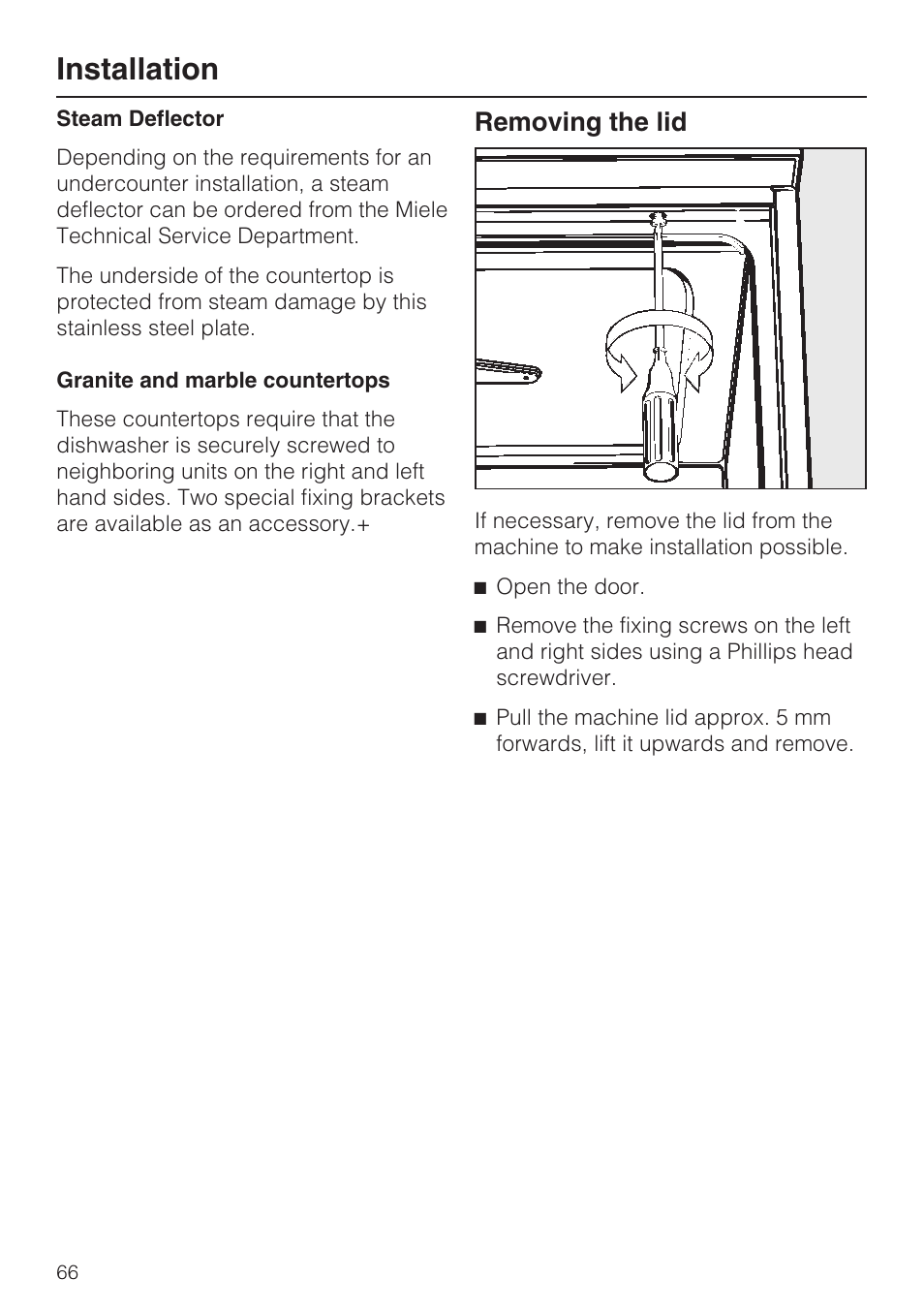 Installation, Removing the lid | Miele PROFESSIONAL PG 8050I User Manual | Page 66 / 76