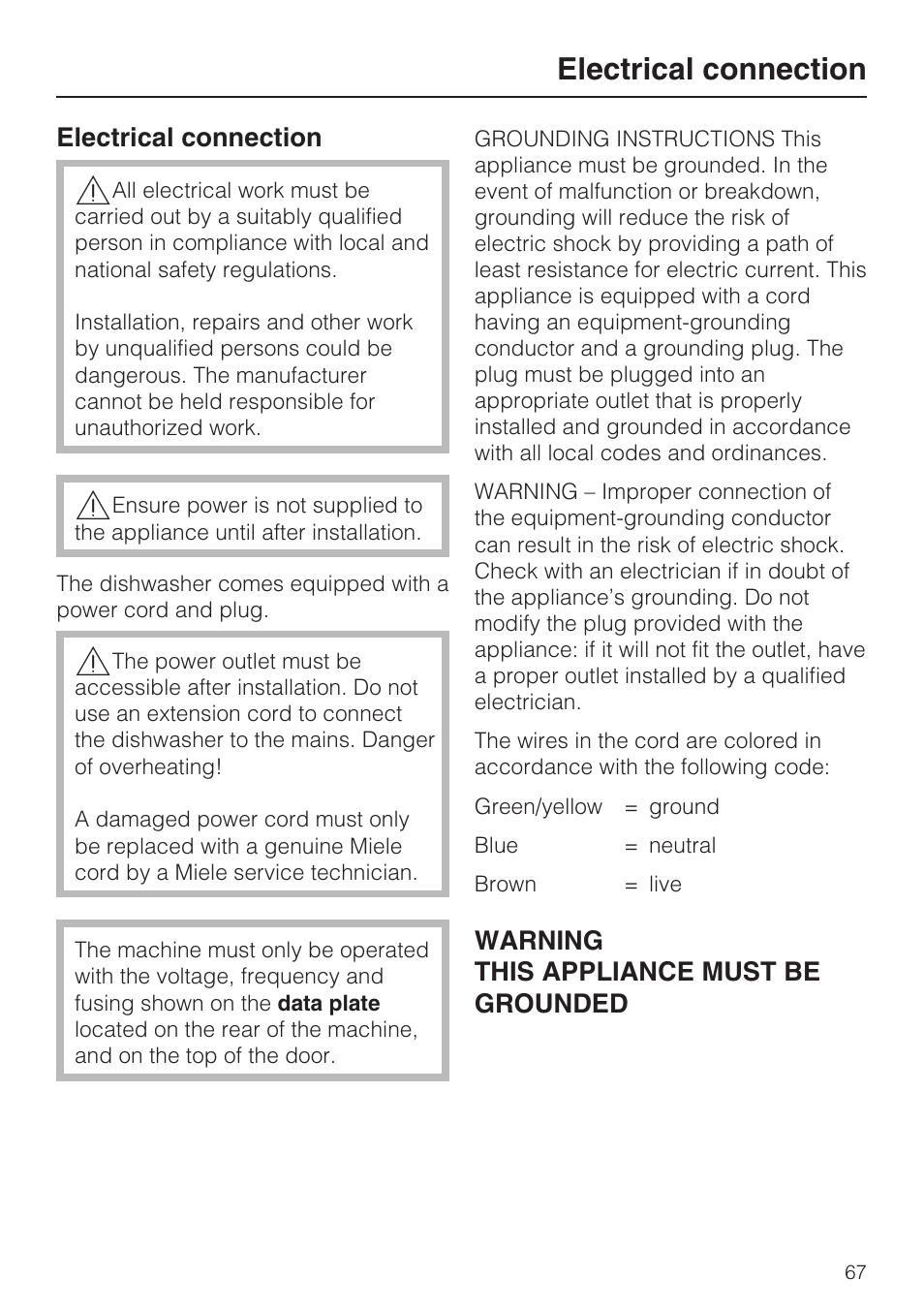 Electrical connection 67, Electrical connection | Miele PROFESSIONAL PG 8050I User Manual | Page 67 / 76