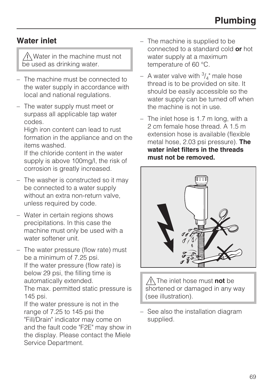 Plumbing 69, Water inlet 69, Plumbing | Water inlet | Miele PROFESSIONAL PG 8050I User Manual | Page 69 / 76