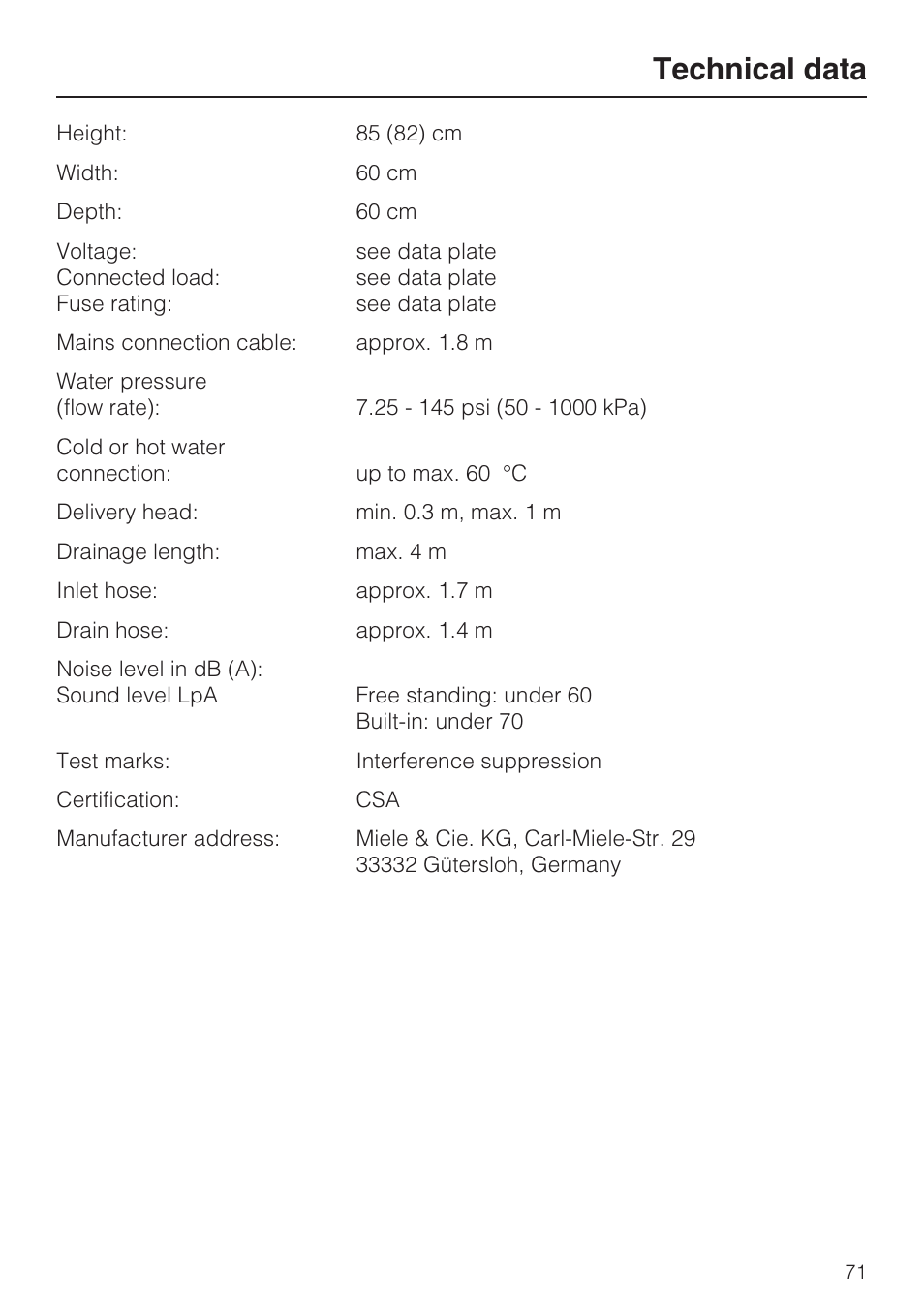 Technical data 71, Technical data | Miele PROFESSIONAL PG 8050I User Manual | Page 71 / 76