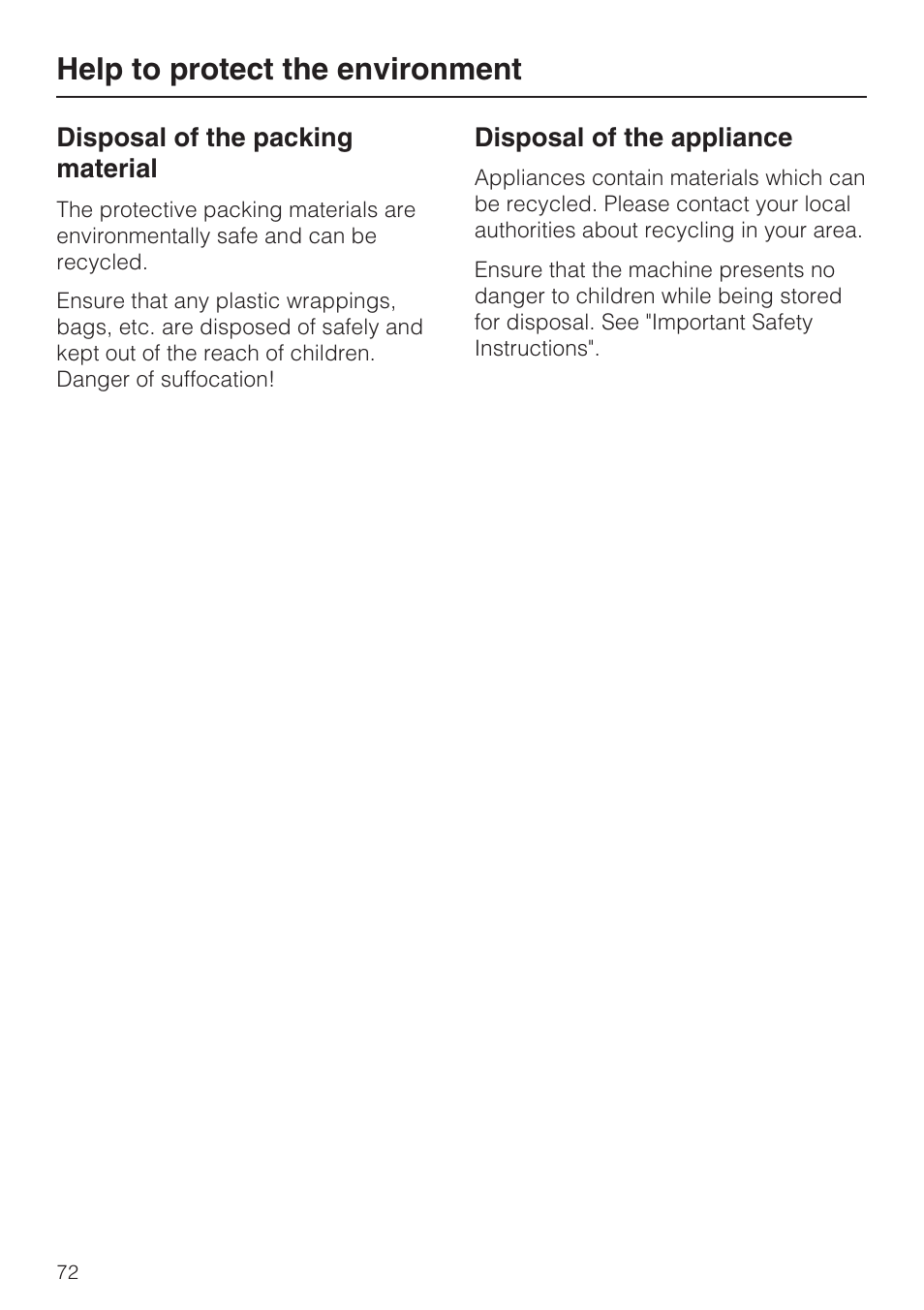 Help to protect the environment 72, Help to protect the environment | Miele PROFESSIONAL PG 8050I User Manual | Page 72 / 76