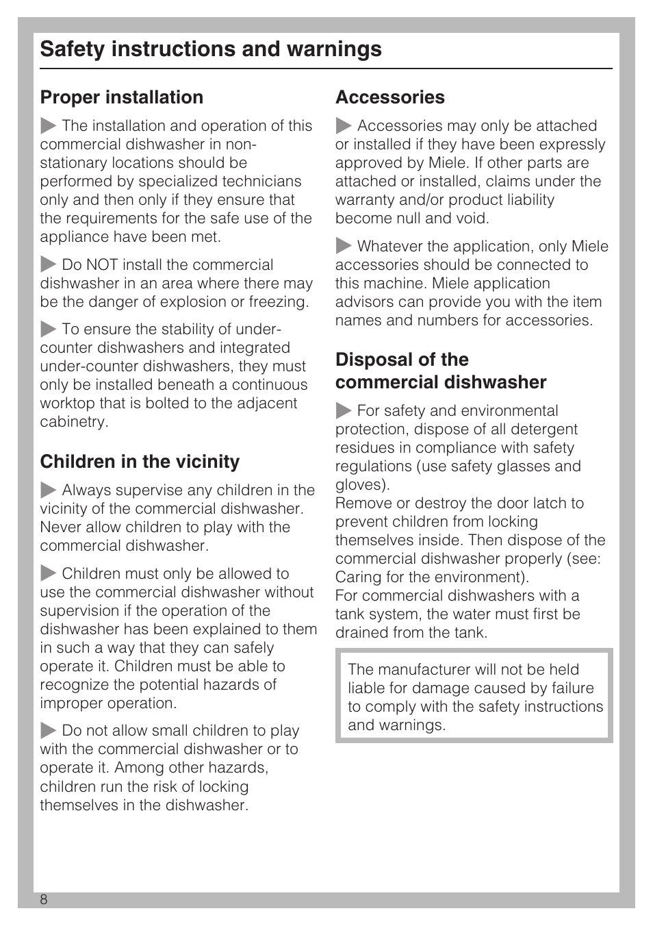 Safety instructions and warnings | Miele PROFESSIONAL PG 8050I User Manual | Page 8 / 76