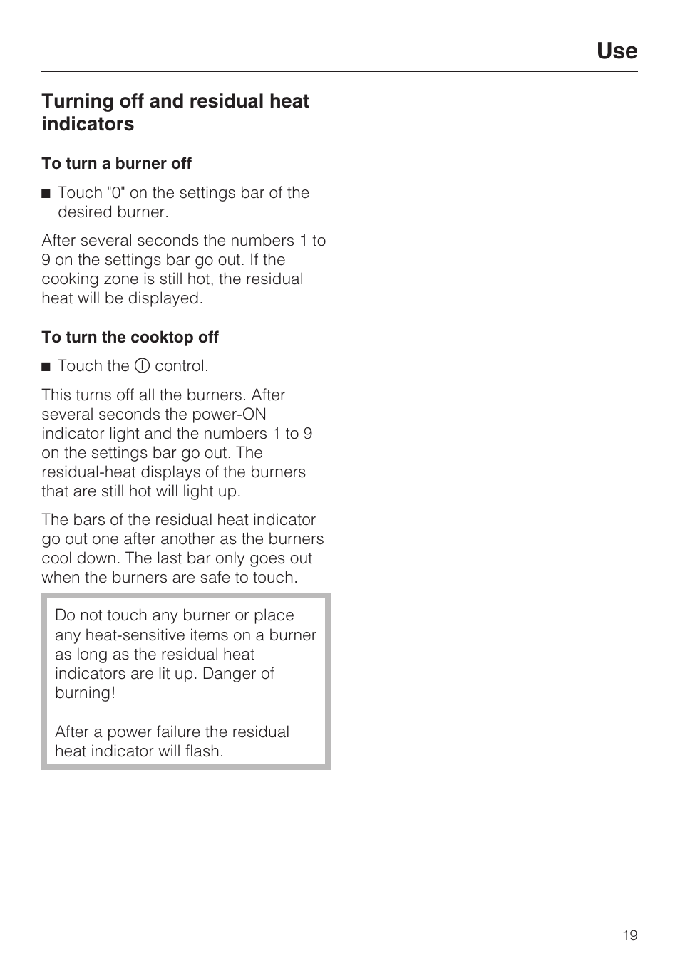 Turning off and residual heat indicators 19, Turning off and residual heat indicators | Miele KM 5880 User Manual | Page 19 / 56