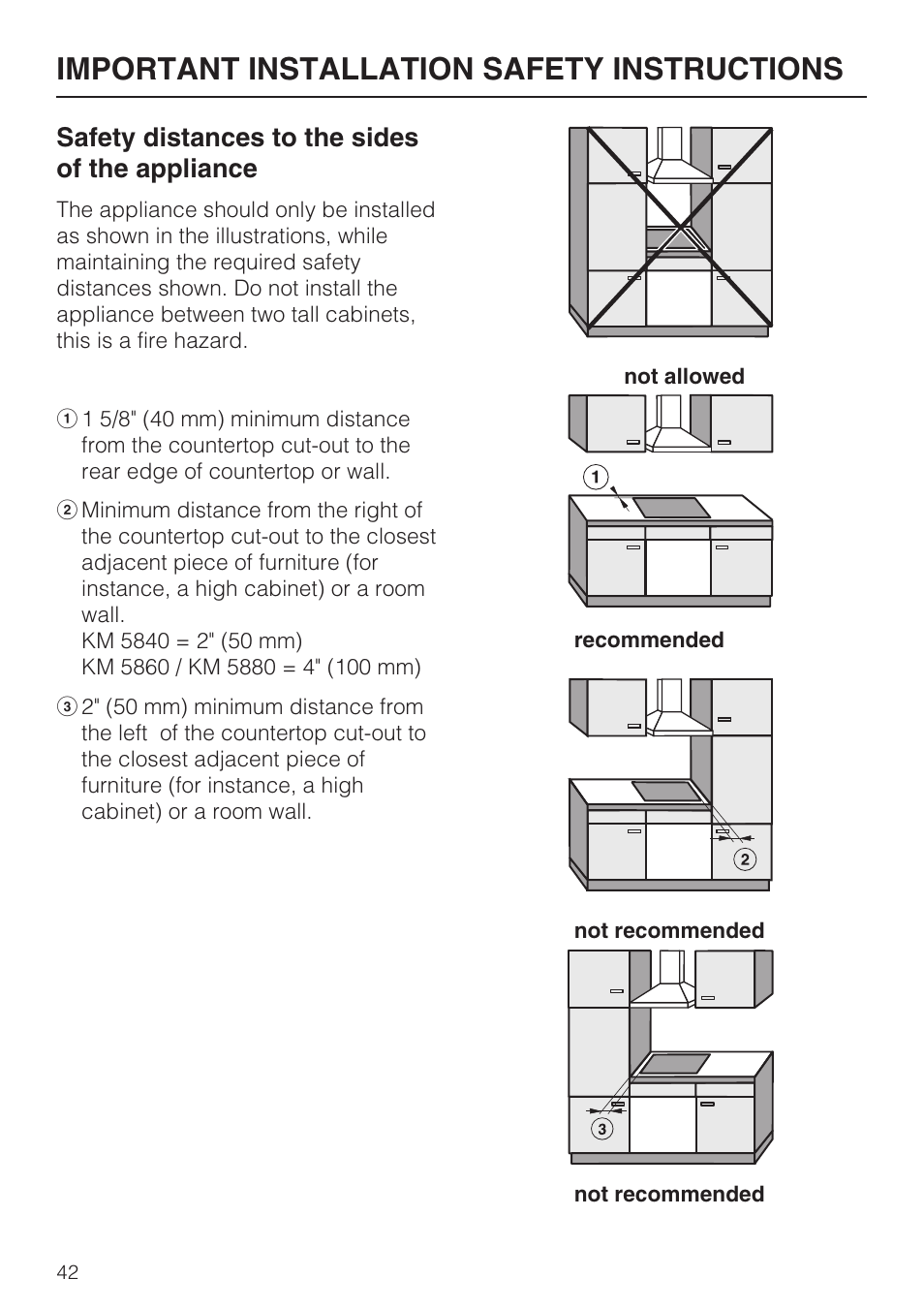 Important installation safety instructions, Safety distances to the sides of the appliance | Miele KM 5880 User Manual | Page 42 / 56