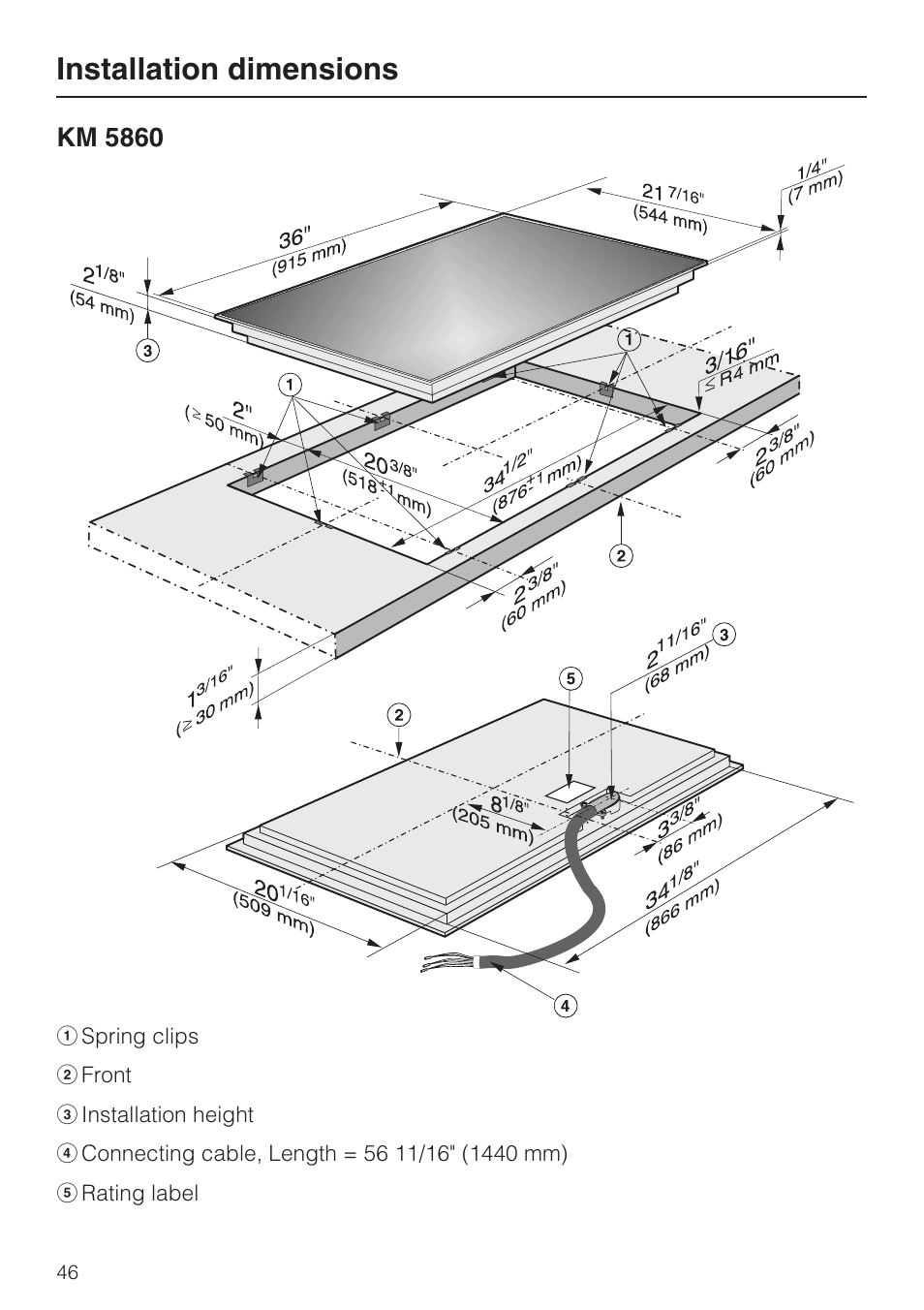 Installation dimensions | Miele KM 5880 User Manual | Page 46 / 56