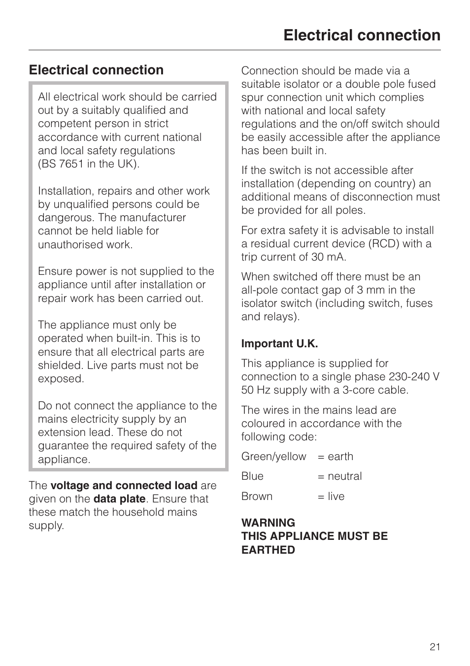 Electrical connection 21, Electrical connection | Miele KM 411 User Manual | Page 21 / 24