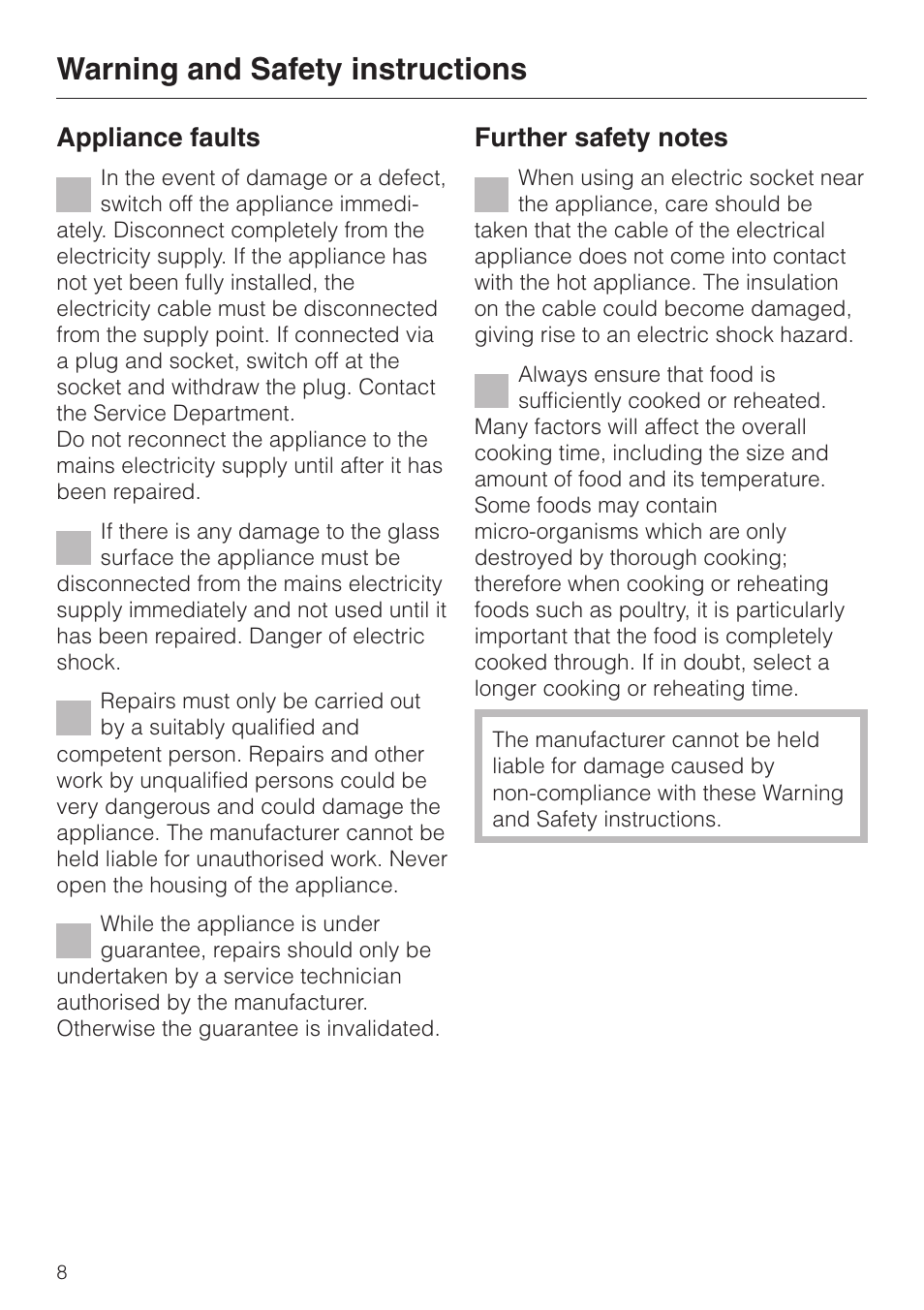 Warning and safety instructions, Appliance faults | Miele KM 411 User Manual | Page 8 / 24