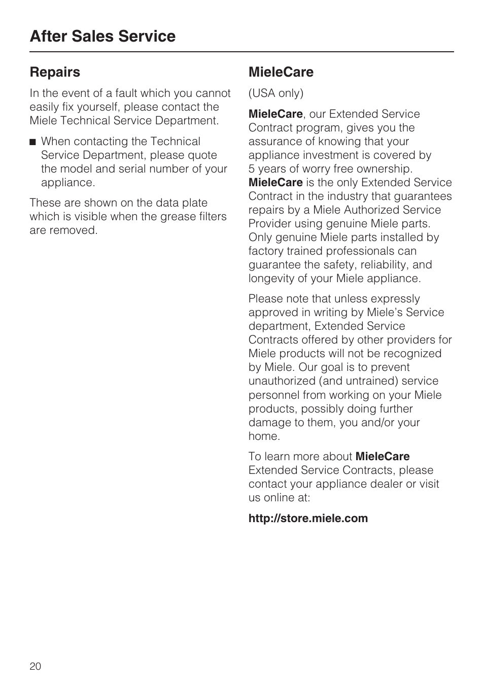 After sales service 20, After sales service, Repairs | Mielecare | Miele DA5321D User Manual | Page 20 / 32