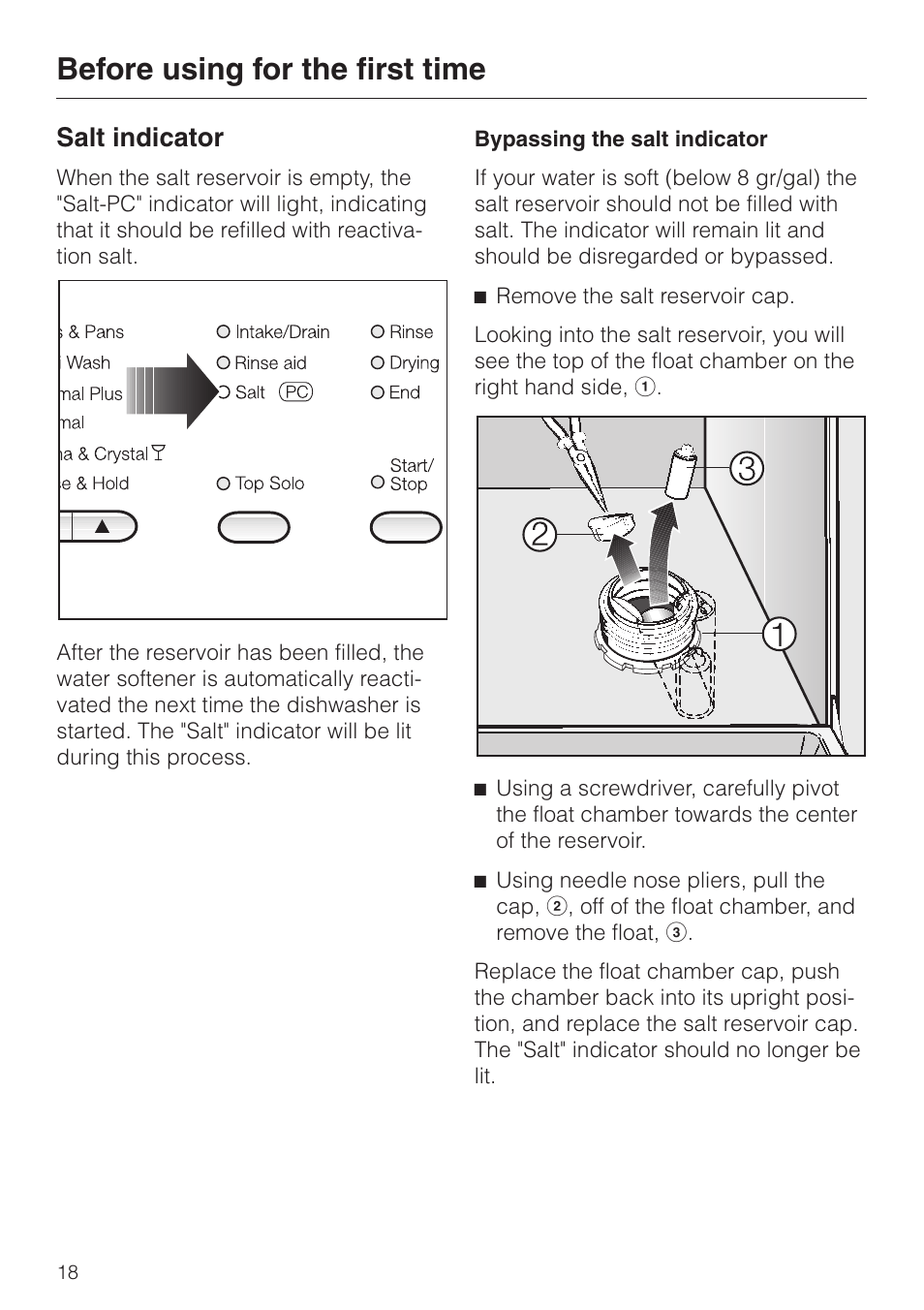 Salt indicator 18, Salt indicator, Before using for the first time | Miele G 832 SC User Manual | Page 18 / 48