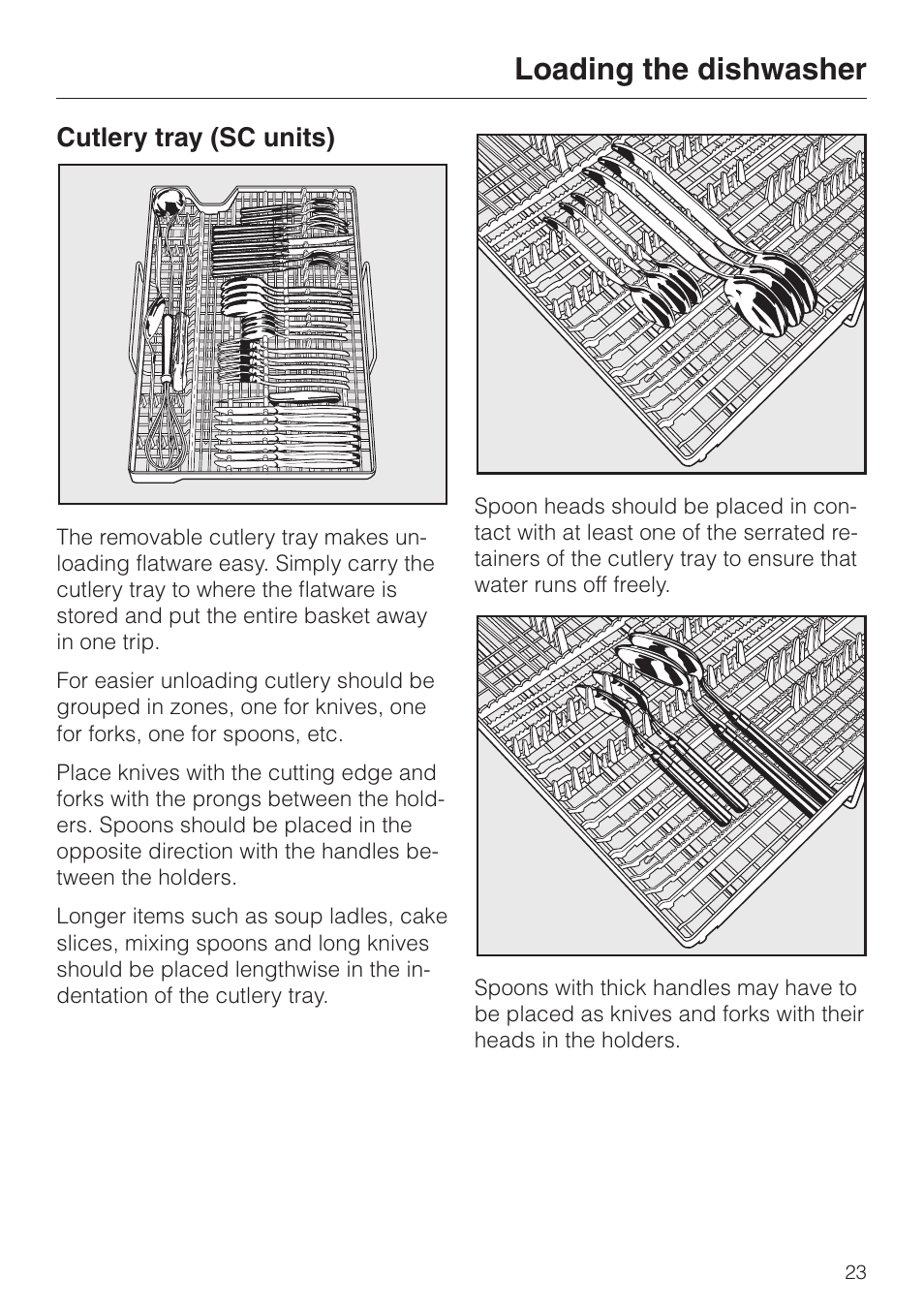 Cutlery tray (sc units) 23, Cutlery tray (sc units), Loading the dishwasher | Miele G 832 SC User Manual | Page 23 / 48