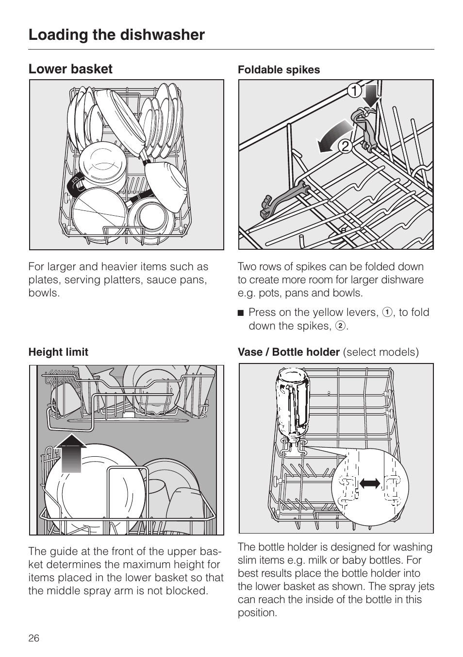 Lower basket 26, Foldable spikes 26, Lower basket | Foldable spikes, Loading the dishwasher | Miele G 832 SC User Manual | Page 26 / 48
