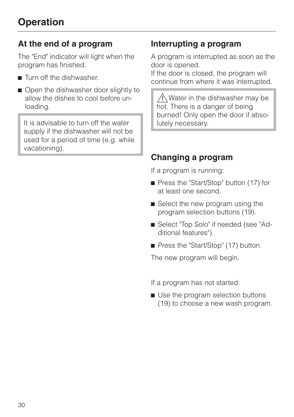 At the end of a program 30, Interrupting a program 30, Changing a program 30 | Operation, At the end of a program, Interrupting a program, Changing a program | Miele G 832 SC User Manual | Page 30 / 48