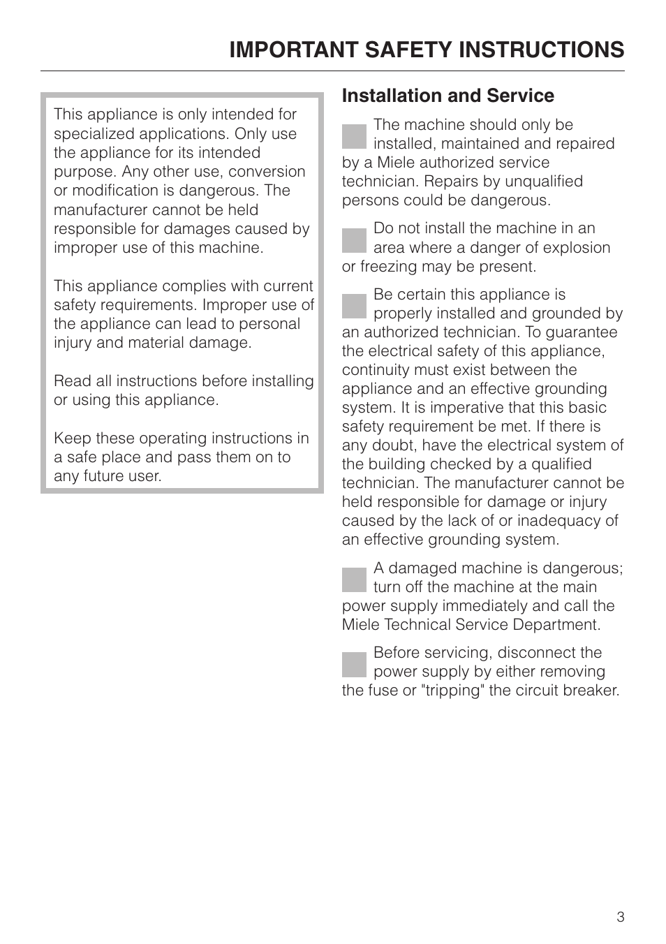 Important safety instructions 3, Important safety instructions, Installation and service | Miele G 7883 User Manual | Page 3 / 64