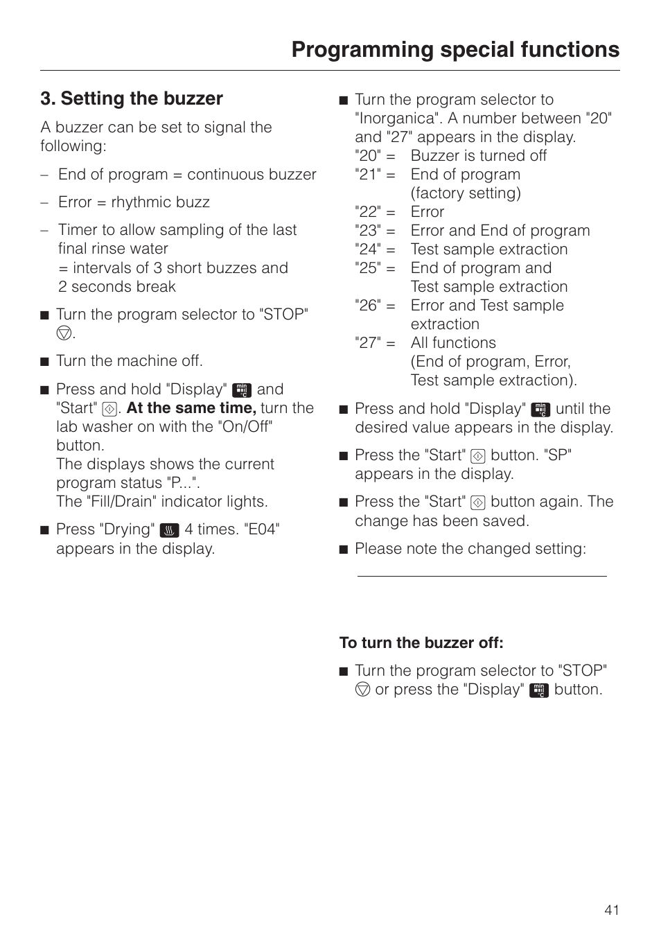 Programming special functions, Setting the buzzer | Miele G 7883 User Manual | Page 41 / 64
