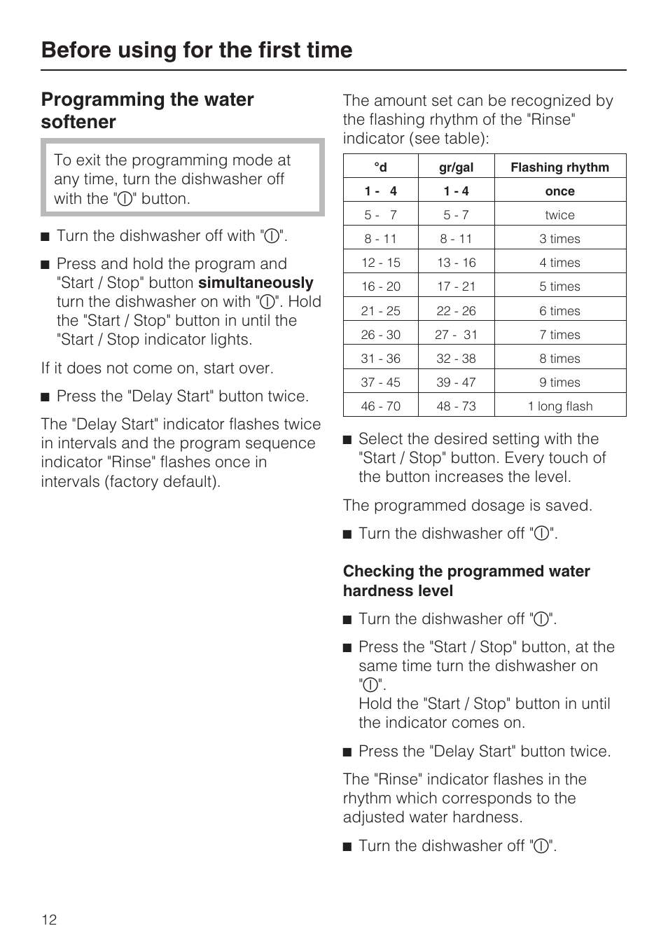 Programming the water softener 12, Before using for the first time, Programming the water softener | Miele G 2143 User Manual | Page 12 / 60