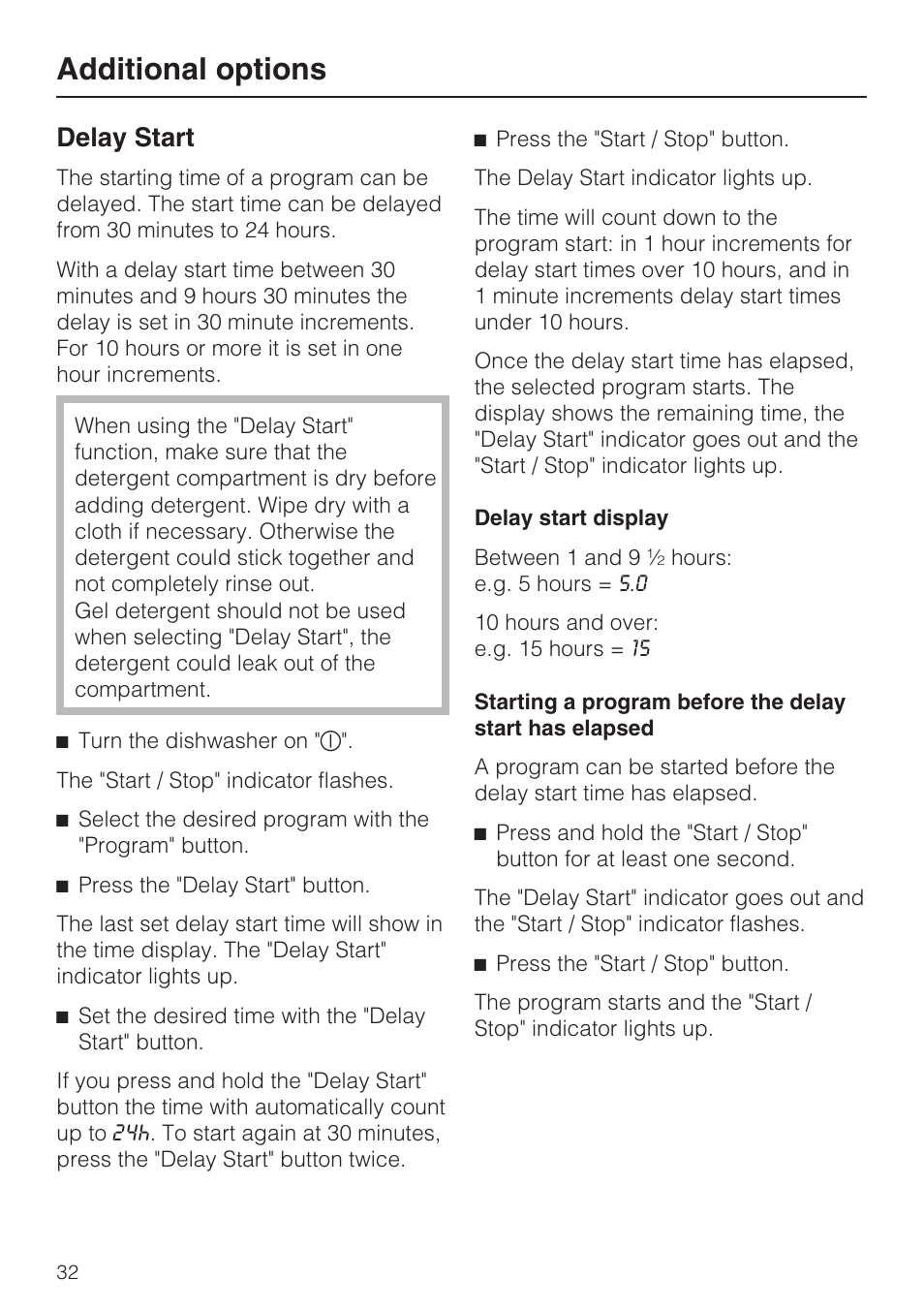 Delay start 32, Additional options, Delay start | Miele G 2143 User Manual | Page 32 / 60