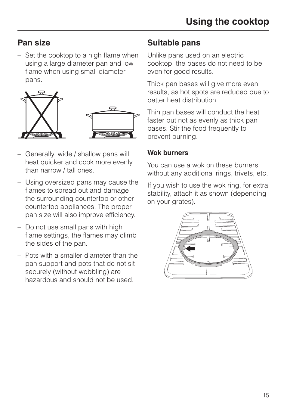 Pan size 15, Suitable pans 15, Using the cooktop | Pan size, Suitable pans | Miele KM 3475 User Manual | Page 15 / 40